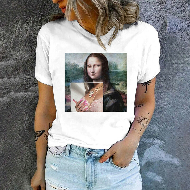 Camiseta de Mona Lisa para mujer, remera con estampado de Humor divertido, camisetas holgadas informales de manga corta con cuello redondo para mujer 2024