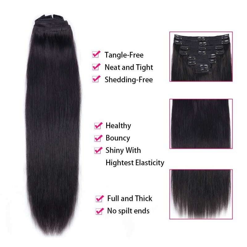 Extensões de cabelo reto para mulheres, extensões de cabelo com grampo, Double Weft Virgin, 100% cabelo humano, cor preta natural, 18 clipes, 120g, por conjunto