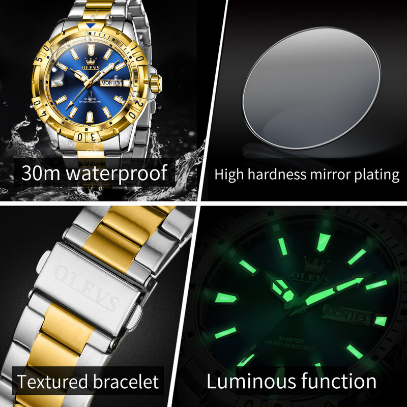 OLEVS jam tangan kuarsa tahan air untuk pria, arloji merek Fashion biru baja tahan karat tahan air bercahaya tanggal pekan, jam tangan olahraga untuk pria