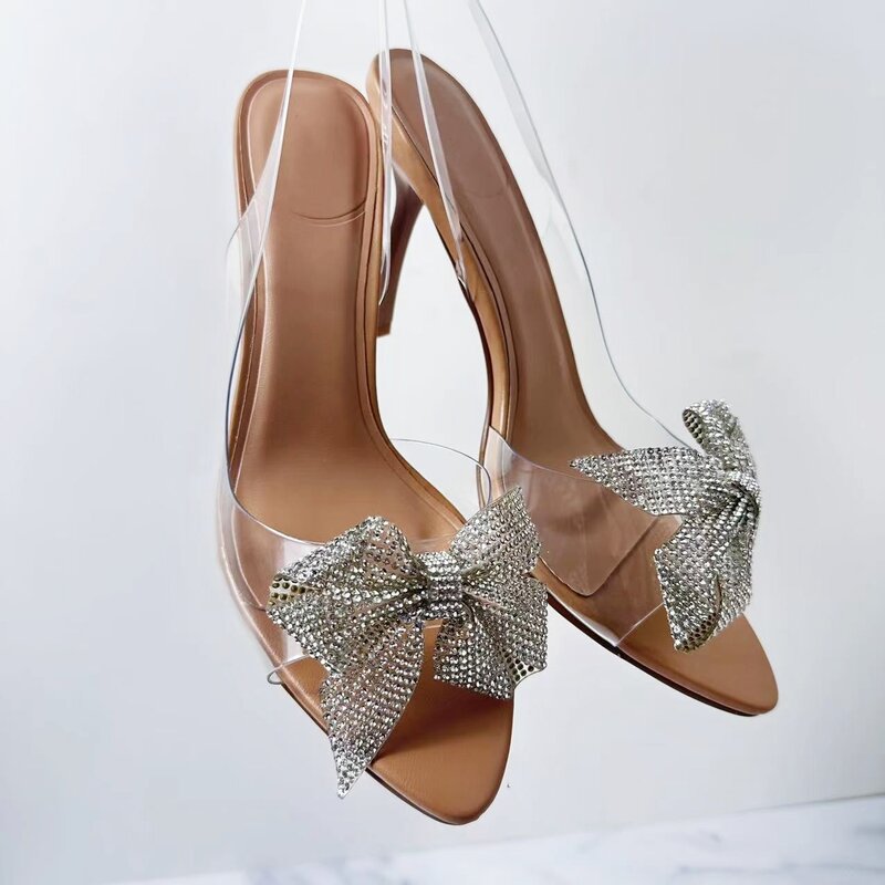 Sandálias de salto alto de cristal para mulheres, sapatos decorados arco, nova moda, 2024