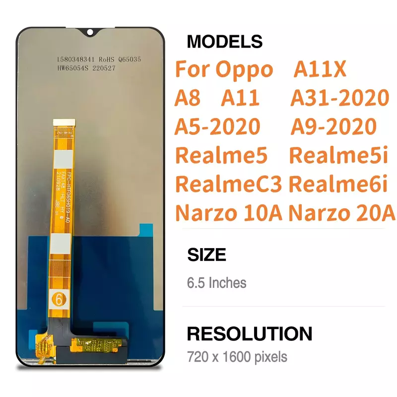 Ori LCD Display Touch Screen Substituição, montagem digitalizador para Oppo A11, A11X, A8, A5-2020, A9-2020, A31-2020, 6,5"