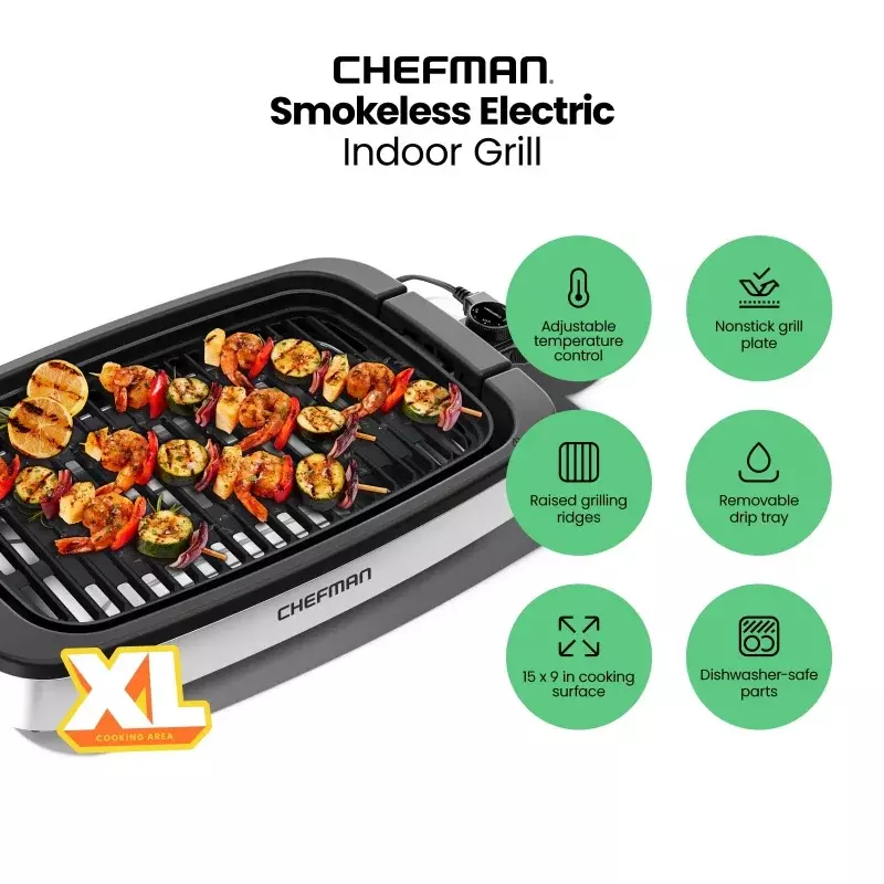 Chefman-Grille électrique d'intérieur sans fumée, contrôle de la température réglable, pièces lavables au lave-vaisselle