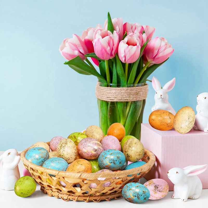 Huevos de Pascua de espuma de 60 piezas y 6 colores, decoración de huevos de Pascua dorados, moteado, fácil de usar