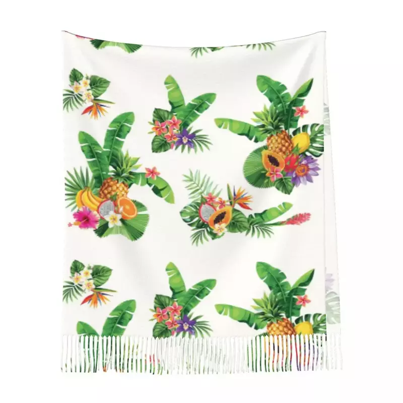 Buquê tropical de verão para mulheres, folhas de palmeira, flores exóticas, xale borla, lenço fashion