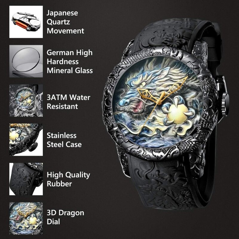 Men's Big Dial 3D Escultura Dragão Relógios, Relógios de quartzo, Luxo, Requintado, Relógio de pulso criativo, Relógio Masculino, Presentes, Moda