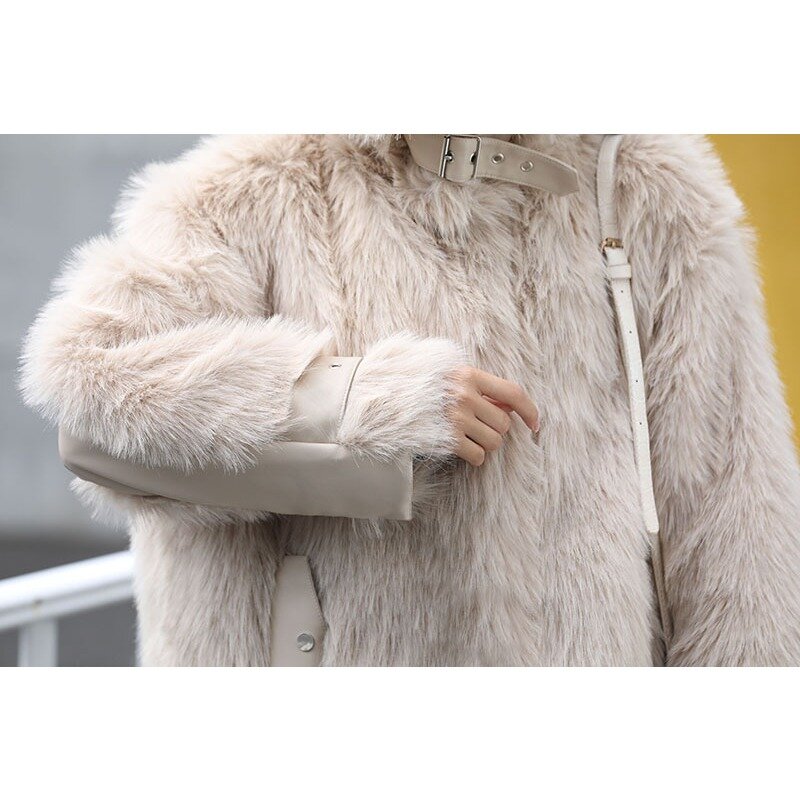 Mantel bulu imitasi wanita, jaket mantel bulu rubah imitasi longgar hangat kasual musim gugur dan dingin 2023