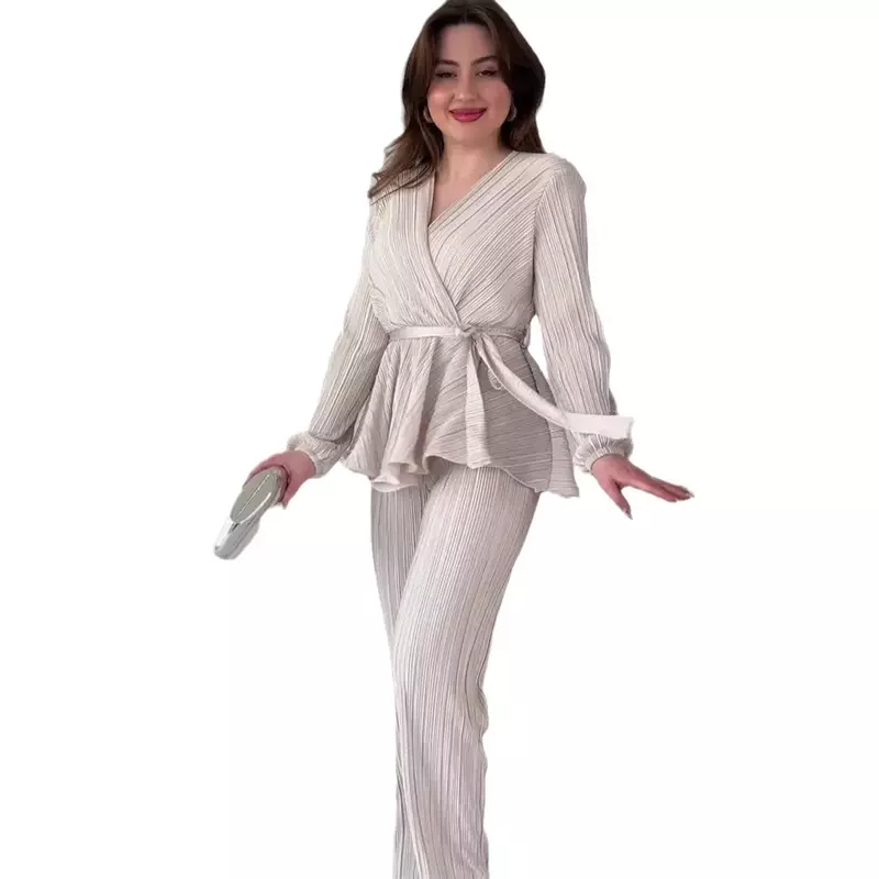 Fold Long Sleeve Women Set Lace-up Ruffled Edge Tops and Loose Wide Leg Pants Set Elegant Tracksuit Two Piece Set Womens Outfits