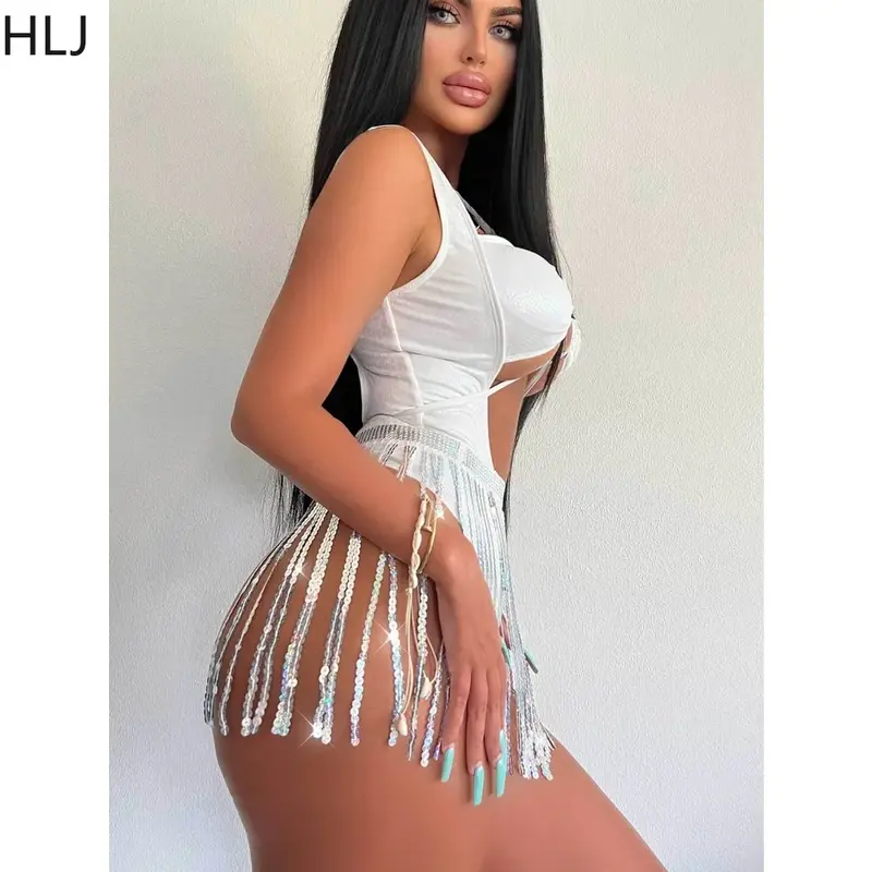 HLJ White Sexy Hollow Bandage nappe gonne due pezzi set donna cinturino sottile body senza maniche + minigonne abiti da discoteca