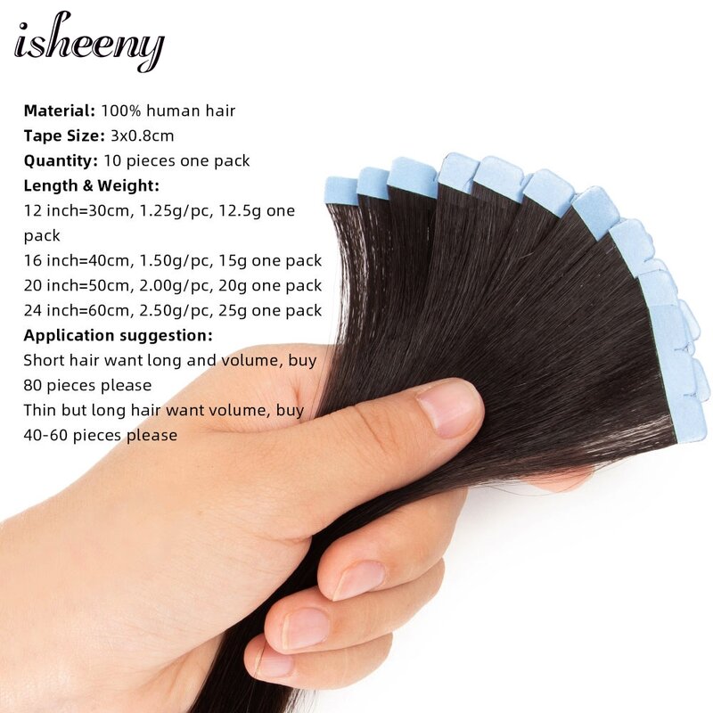 Isheeny Mini Tape Hair Extensions 12"-24" Machine Remy Skin Weft Adhesive Tape In Human Hair Natural Black Brown Blonde Tape On