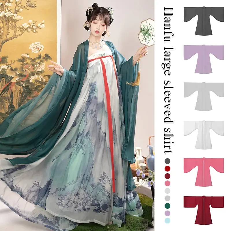 W chińskim stylu Hanfu kardigan starożytny duży rękaw peleryna tiulowa koszula Tang Dynasty z szyfonu Folk ubrania do tańca Cosplay kostium sceniczny