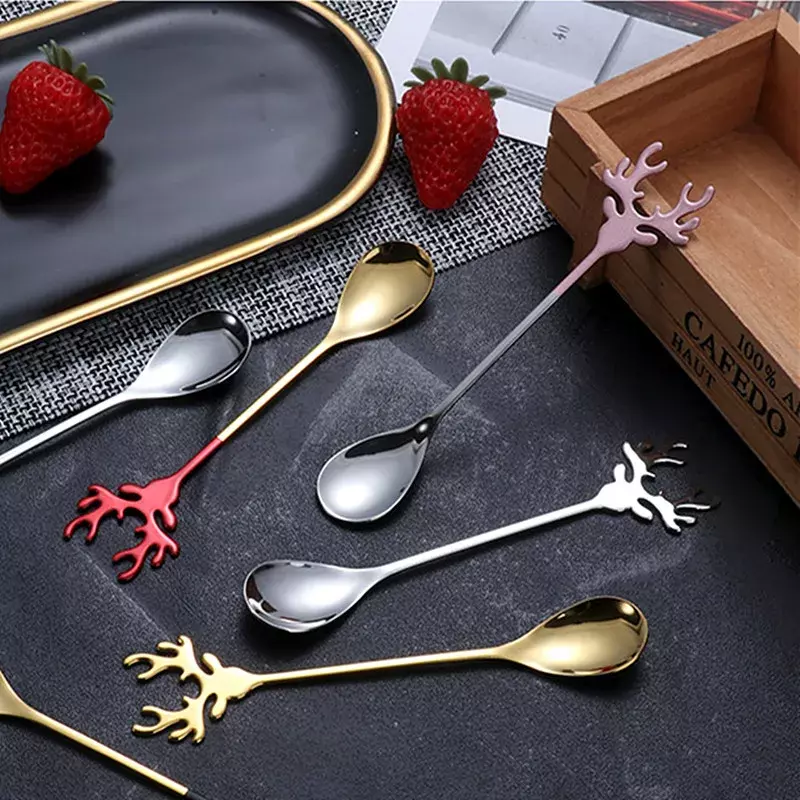 Cucharilla de acero inoxidable con dibujos de alce de Navidad, 1 piezas, cucharilla para helado, café y postre