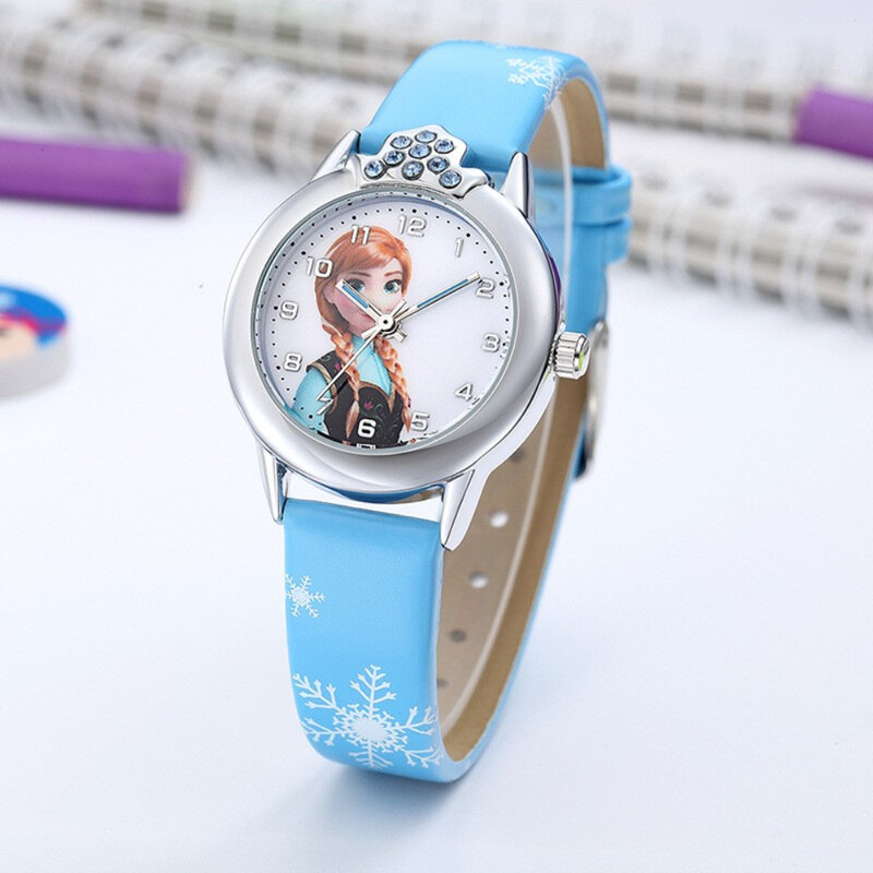 Montre Elsa avec bracelet en cuir pour enfants, dessin animé mignon, couronne de princesse, cadeaux de table pour filles