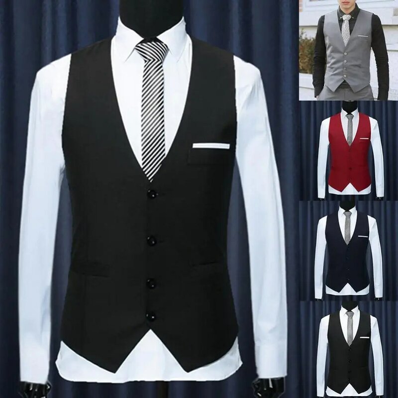 Chaleco formal para hombre, traje ajustado de poliéster y LICRA con tres botones, informal, sin mangas, para otoño