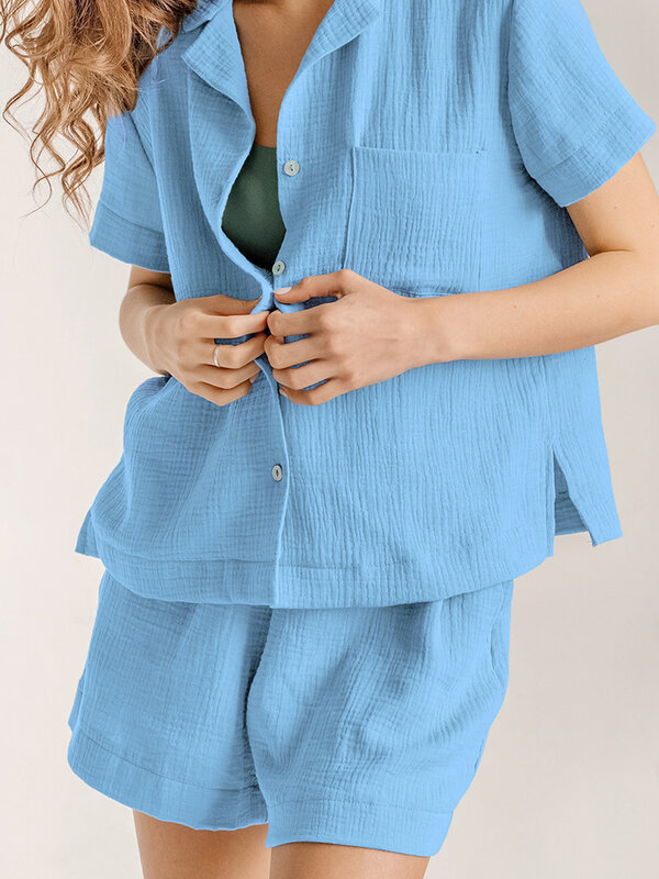 Hiloc-Conjunto de pijama de un solo pecho para mujer, traje de Casa de algodón 100% con solapa y pantalones cortos, ropa de dormir de Color puro con bolsillo