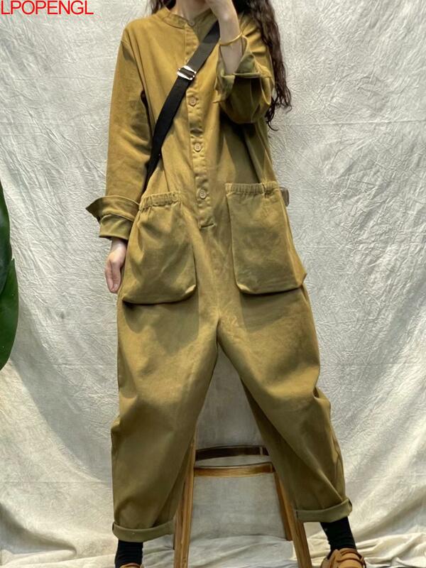 여성용 단색 용수철 긴팔 점프수트, 맞춤형 패션 풀오버 스트레이트 스트리트웨어 포켓 원피스 바지, 신상