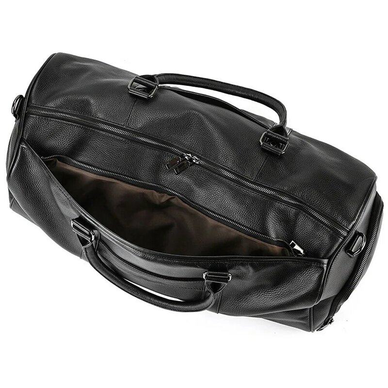 Tas Travel kulit asli warna hitam pria, dengan pegangan kebesaran ukuran::