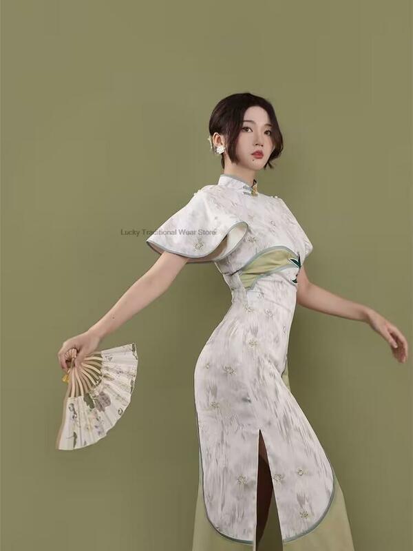 Gaun gaya Tiongkok wanita, gaun Cheongsam Modern elegan bergaya Oriental Qipao tradisional Vintage