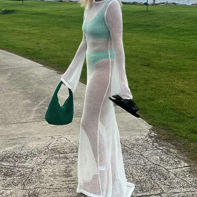 Elegante vestido de encobrimento de praia sem encosto com renda para mulheres, cintura elástica, ajuste fino, proteção solar, maiô