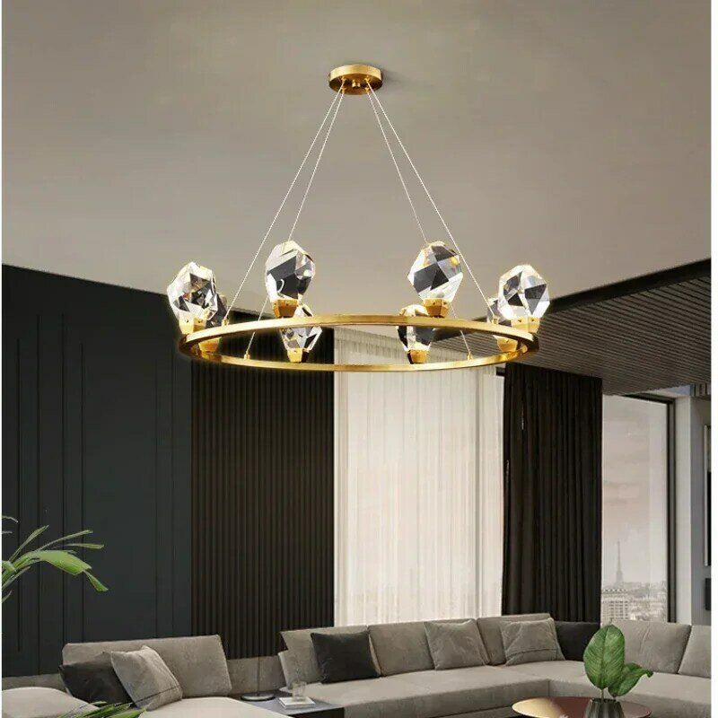 Lámpara de cristal de sedal de pesca de anillo de cobre completo de lujo moderno, sala de estar candelabro nórdico para, lámparas de diseñador creativas con personalidad
