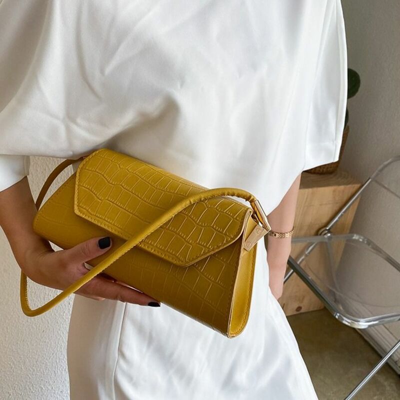 Tas bahu kulit PU wanita, klasik warna Solid pola buaya ketiak tas dompet perempuan