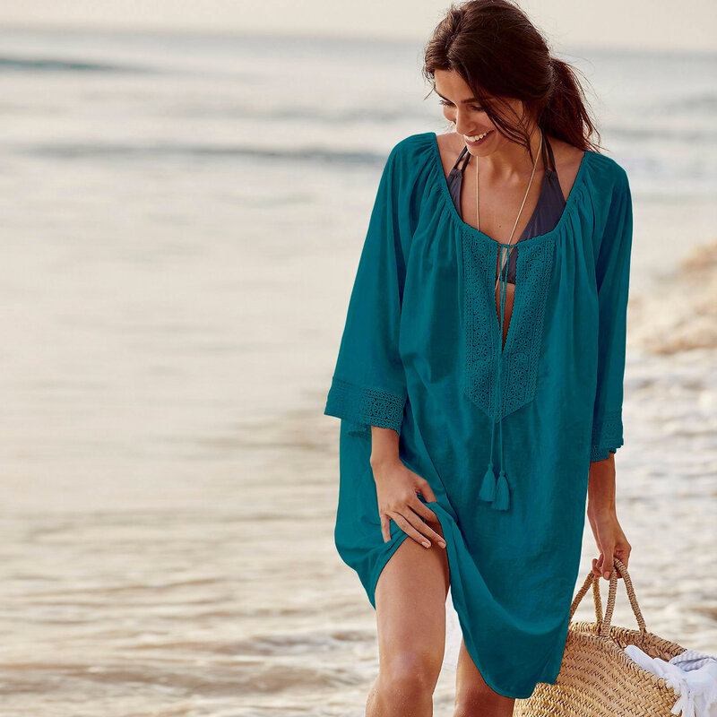 2023 nova chiffon rendas retalhos seaside férias protetor solar feminino praia blusa roupas azul