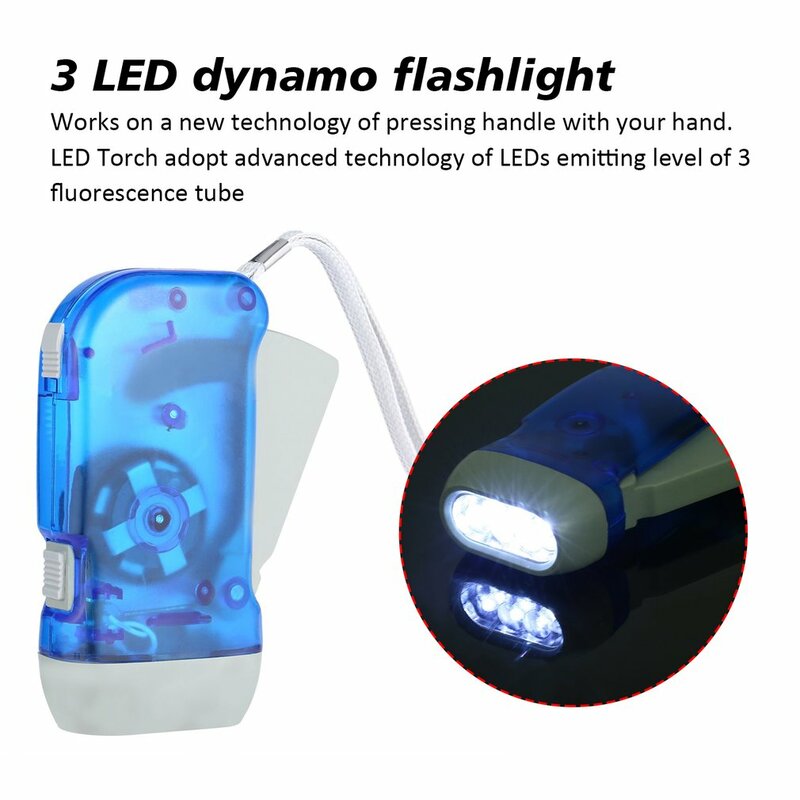 Mão pressionando Dynamo Crank Power Wind Up lanterna, tocha luz, imprensa mão, casa, ao ar livre Camping lâmpada, atacado, 3 LED