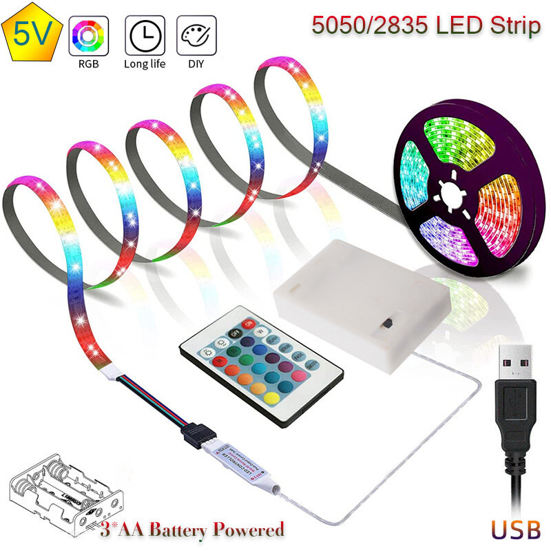 Lampu strip LED baterai 3AA dengan soket USB lampu strip warna fleksibel 5V 5050 SMD, cocok untuk rias ruangan, komputer