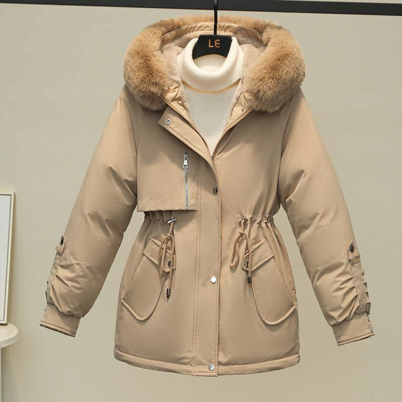女性の冬のフード付きジャケット,暖かい毛皮の裏地が付いたベーシックな裏地付きコットンコート,新しい冬のコレクション2023