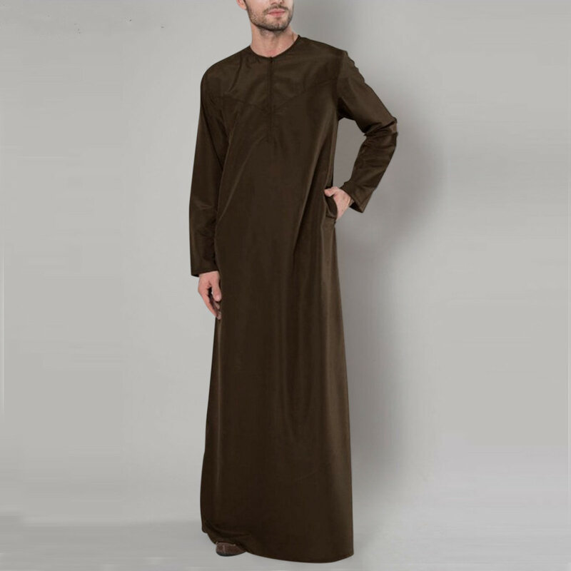 Jubah Kaftan Muslim Longgar Vintage Busana Lengan Panjang Pria Santai Pria Motif Solid Pakaian Islami