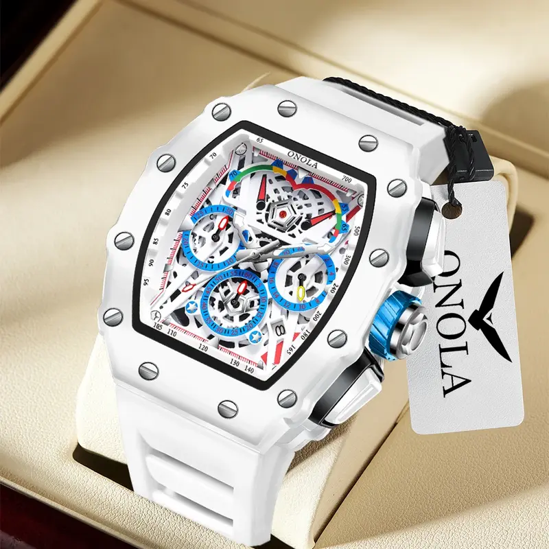 Relógio quartzo multifuncional onola masculino, impermeável, branco, fita de silicone, moda luxuosa, casual
