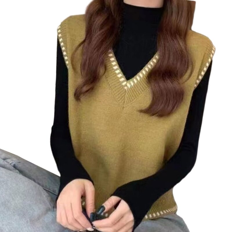 Maglione lavorato a maglia con scollo a V senza maniche da donna, maglione casual stile preppy