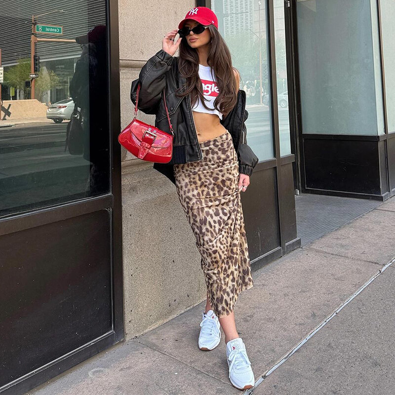 Jupe longue en maille léopard pour femme, taille haute, sexy, plage, maxi, streetwear, été, nouveau