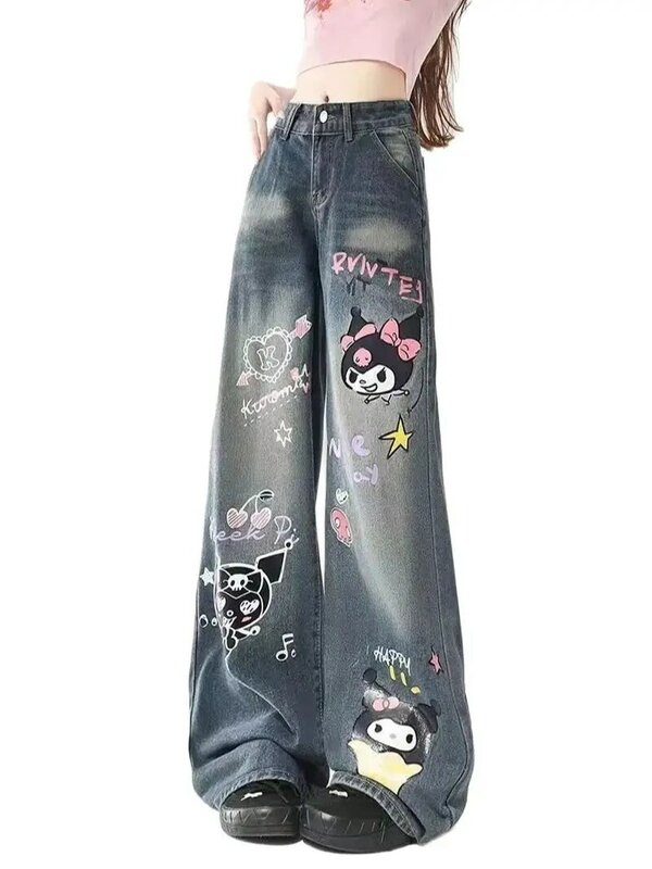 Jeans Kuromi Cartoon Doodle Streetwear Korean Style Fashion Wide Leg Pants For Women Y2k Female Loose Straight Harajuku Trousers