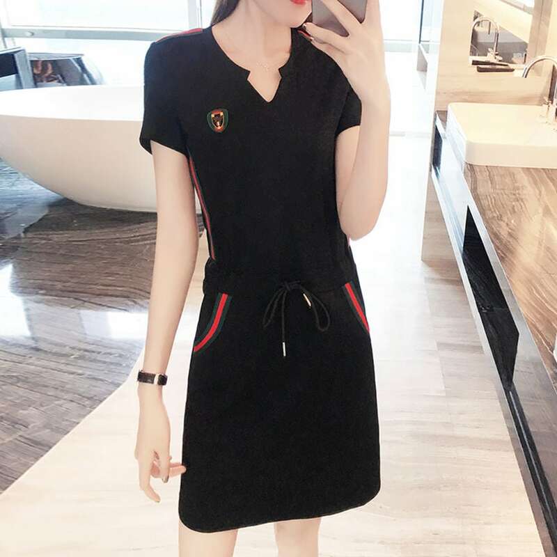 Elegant Casual V-neck Short Sleeve Solid Color Simple Comfortable White Dress Straight Loose Draw String Women's Clothing 2022