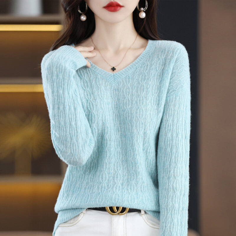 Czysta wełna damska sweter Vneck jesienno-zimowa moda sweter koreański wersja Allmatch luźny, dzianinowy jednolity kolor długa koszula