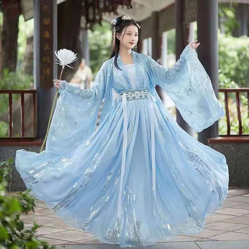 2024 kostum tradisional Cina untuk wanita Hanfu gaun peri tarian rakyat pakaian putri sulaman antik gaun Hanfu Cina