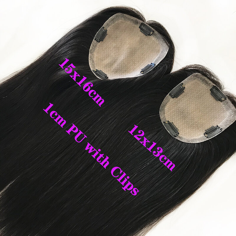 أغطية شعر بشري عذراء للنساء ، قاعدة حرير ، مشبك في الأعلى ، أسود ، بني ، قطعة شعر رقيق