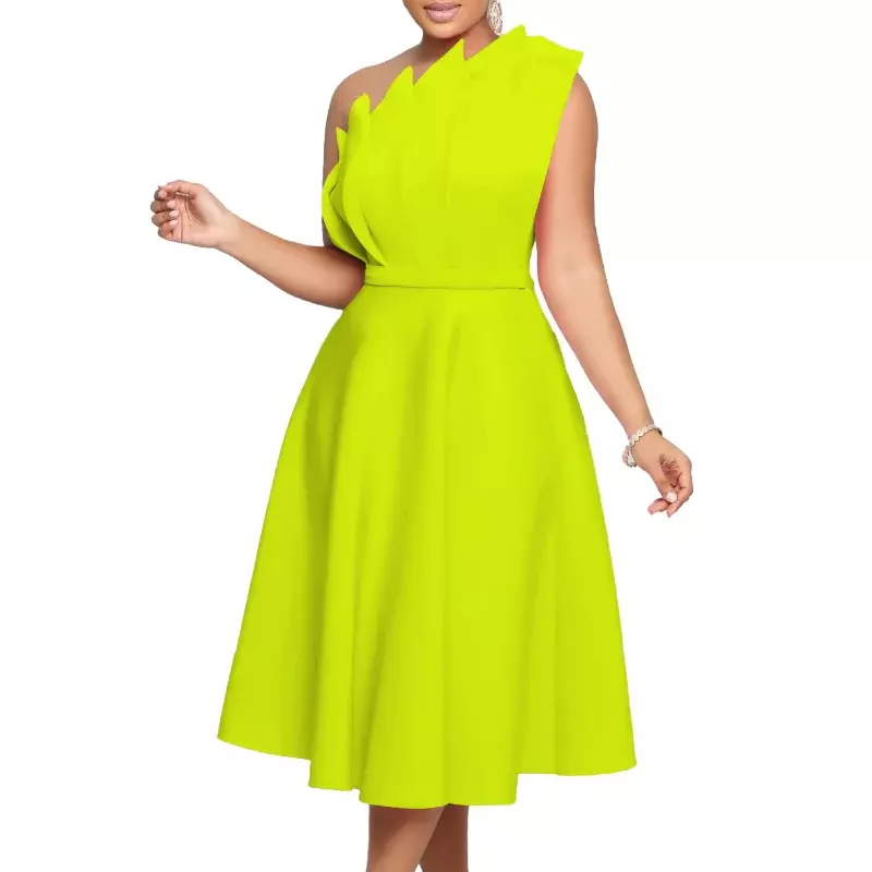로브 아프리카 원피스 여성 프릴 스플라이스 원 숄더 엠파이어 가운, 단색 패션 플리츠 아프리카 오피스 레이디 원피스, 여름