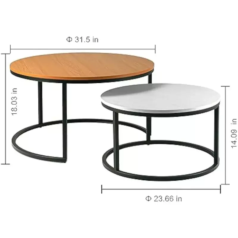 Tavolino da caffè rotondo moderno nidificato da 31.5 ''(Set di 2), tavolo da soggiorno impilato con impiallacciatura di legno industriale e struttura in metallo
