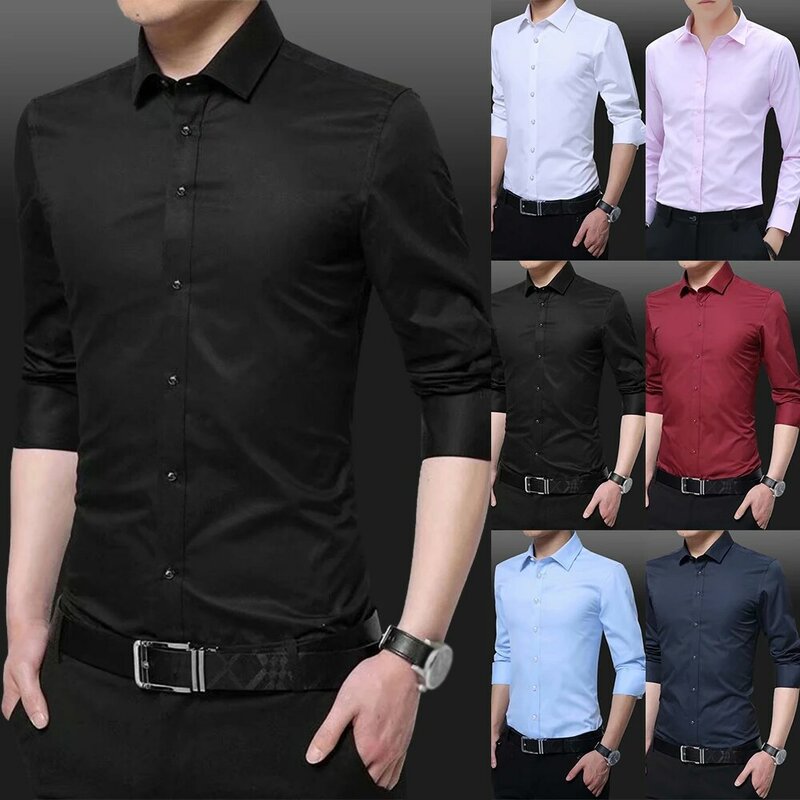 Camisas de vestir ajustadas para hombre, Tops de manga larga, color blanco, negro, azul claro, azul oscuro, rosa, rojo vino