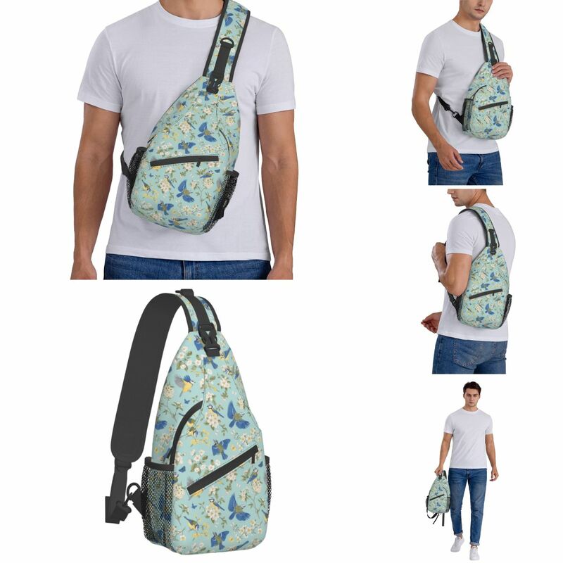 Birds And Flowers Chinoiserie Small Sling Bags Chest Crossbody Shoulder Backpack Outdoor Sports Daypacks Blue Tits School Bags