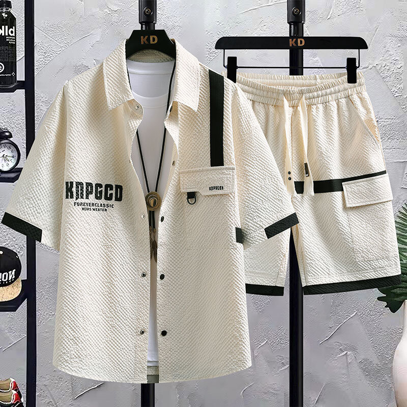 2024 Summer New Men's Youth Fashion Shirt and Shorts Set, Casual and Versatile, Breathable and Cool, College Style Two Piece Set