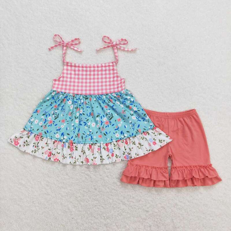 Wholesale Children Summer Strawberry Floral Tunic Tops Toddler Kids Plaid Ruffle Shorts Baby Girl Flower Infant Outfit Set