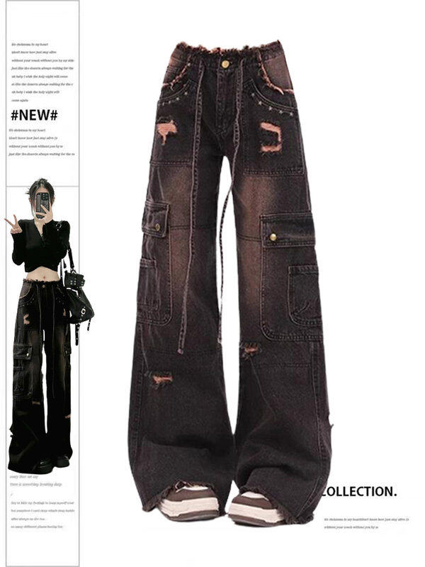 Women's 90s Vintage Black Gothic Cargo Jeans Y2k High Waist Wide Leg Denim Trousers Harajuku Baggy Jean Pants Emo 2000s Clothes