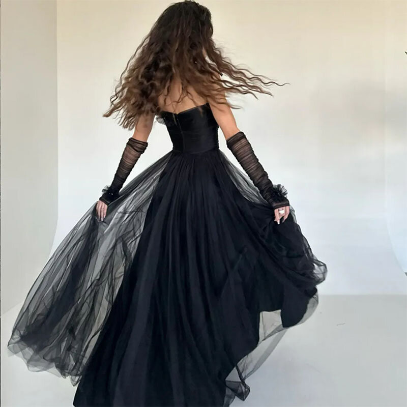 Elegante vestido de noche negro de tul escalonado con un hombro, vestidos de noche con guantes, vestido plisado con volantes, vestido de fiesta de cumpleaños