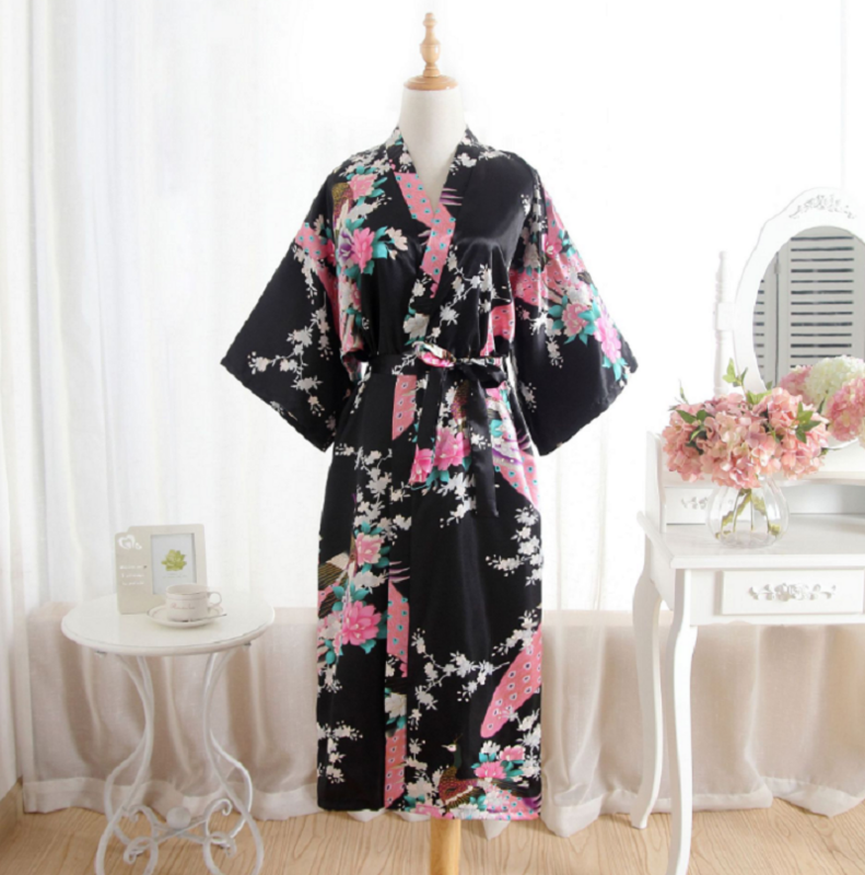 Hot البيع جديد إمرأة اليابانية كيمونو رداء جودة عالية الحرير الساتان طويل ثوب النوم موضة الطباعة فضفاضة مريحة السيدات منامة