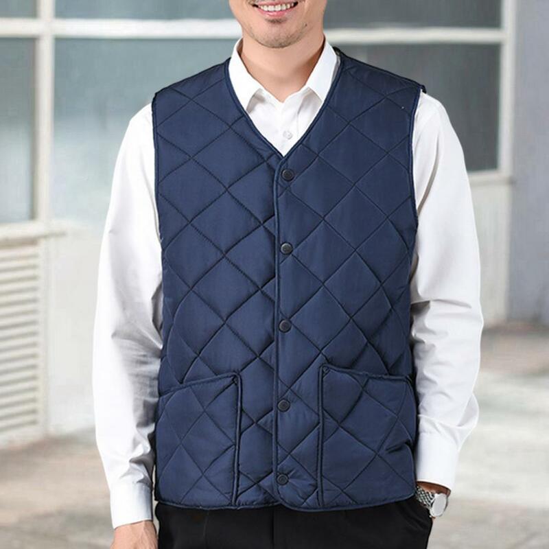 Men Vest Men's V-neck Down Padding Vest with Button Closure Pocket Winter Cold-proof Sleeveless Jacket in Solid Color