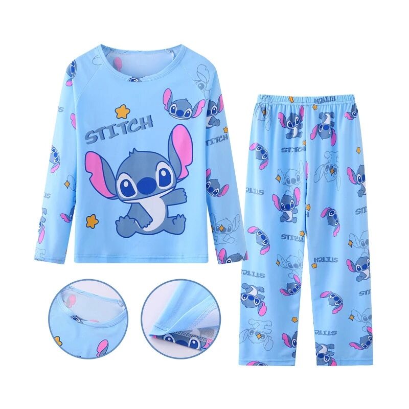 Комплекты детской одежды на весну и осень, одежда для сна с мультяшным принтом ститча для мальчиков, одежда с длинным рукавом, детский пижамный комплект, пижамы для маленьких девочек
