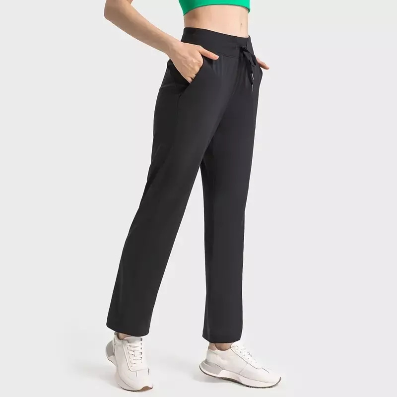 Limão Cordão Straight-Leg High Rise Calça Slim Fit, Sweat-Wicking, 4-Way Stretch Feels, legal para o toque Yoga Pant com bolso