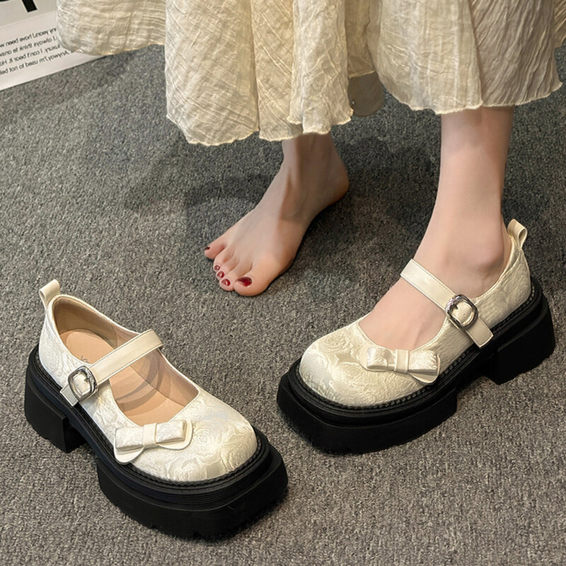 Mary Jane-zapatos de tacón medio con estampado aleatorio para mujer, sandalias poco profundas con plataforma, de marca, Lolita, 2024